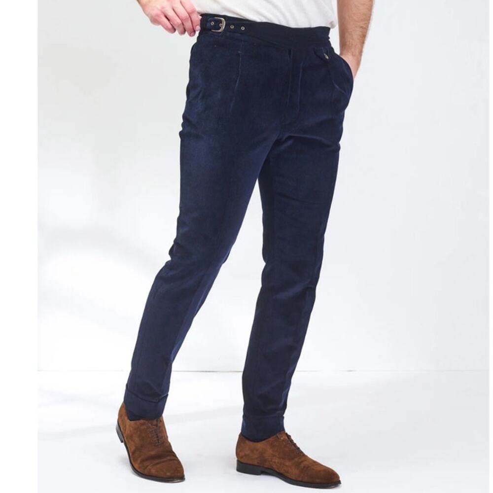 Boyant trousers men's L First Cut straight buckle pleated cuffed corduroy pants